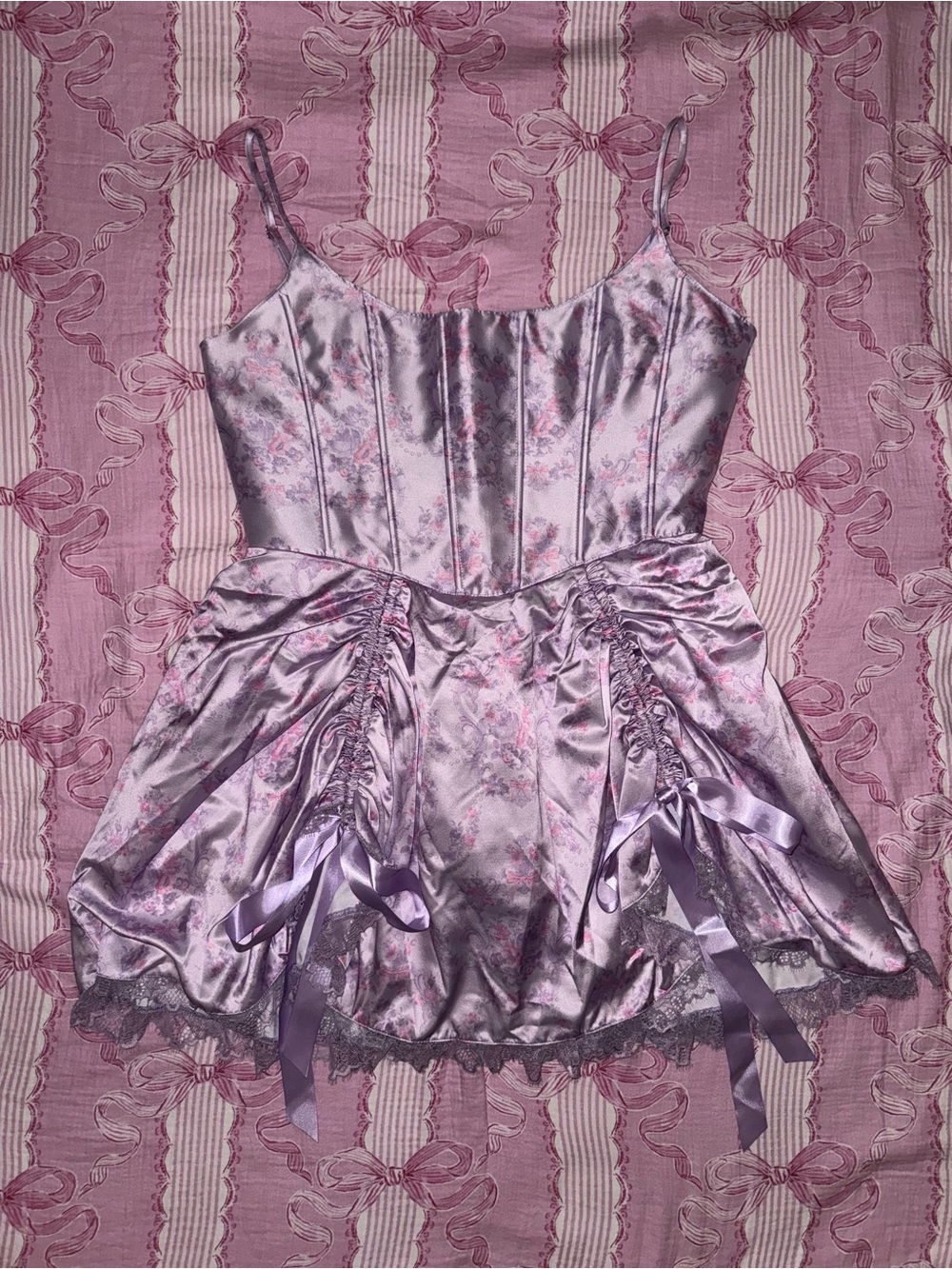 Sugar Thrillz Lavender Satin Lace-Trim dress with Ribbon Details